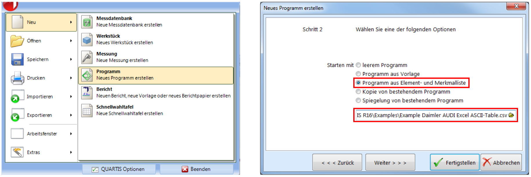 Automatisch ein neues QUARTIS-Messprogramm erzeugen